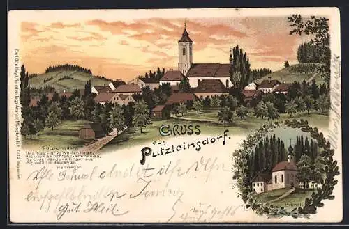 Lithographie Putzleinsdorf, Bründl im Ehrenkranz, Ortsansicht mit Landstrasse und Kirche