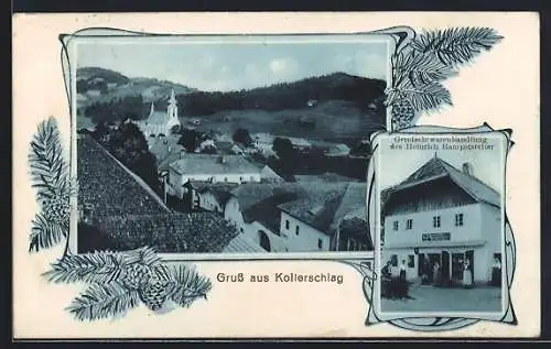 Mondschein-AK Kollerschlag, Gemischtwaren H. Rampetsreiter, Teilansicht mit Kirche aus der Vogelschau, Tannenzweige