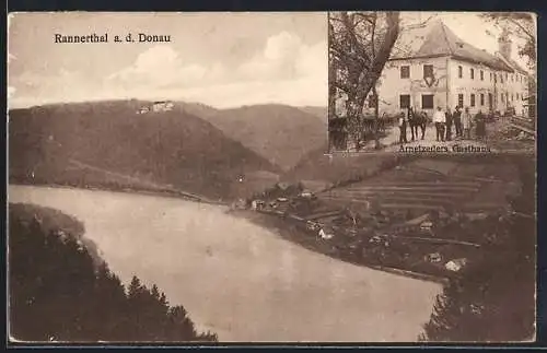 AK Hofkirchen im Mühlkreis, Rannerthal a. d. Donau, Arnetzeders Gasthaus mit kleiner Versammlung u. Pferd