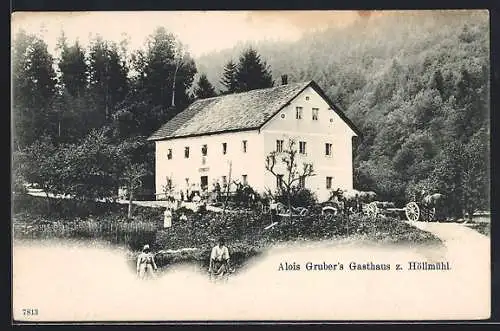 AK Kirchberg ob der Donau, Obermühl, Alois Grubers Gasthaus z. Höllmühl mit Strasse, Fuhrwerk und Feldarbeitern