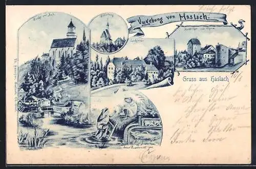 Künstler-AK Haslach, Kirche & Bad, Hollerberg, Lichtenau, Markt-Thor & Thurm