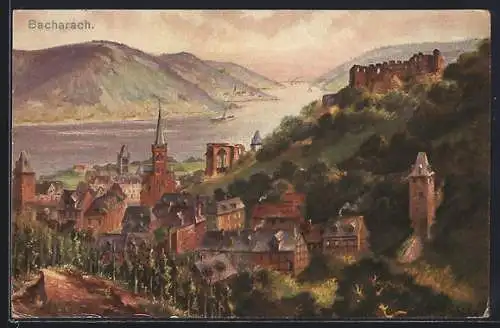 AK Bacharach, Vue du village avec ruine Stahleck et fleuve en arrière-plan