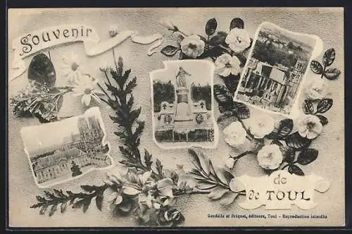 AK Toul, Souvenir avec monuments et fleurs