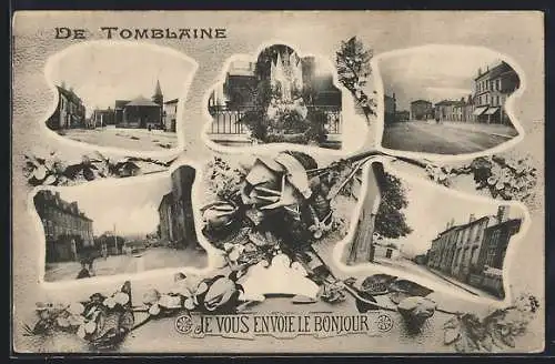 AK Tomblaine, Collage de vues du village avec fleurs et message amical