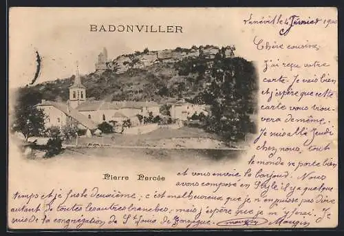 AK Badonviller, Vue de Pierre Percée avec église et colline en arrière-plan