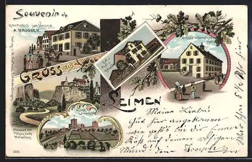 Lithographie Leimen / Elsass, Gasthaus zur Krone v. A. Brugger, Schule und Gemeindehaus, Ruine Landskron