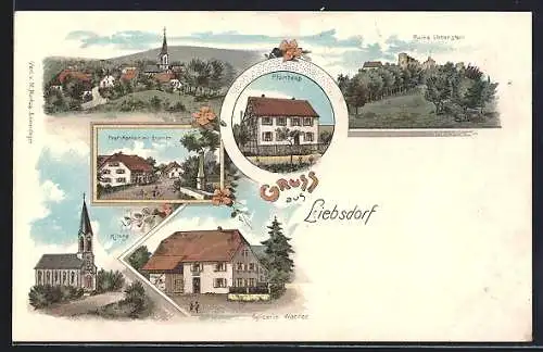 Lithographie Liebsdorf, Epicerie Wanner, Ruine Liebenstein, Post-Agentur mit Brunnen, Pfarrhaus, Kirche, Totalansicht