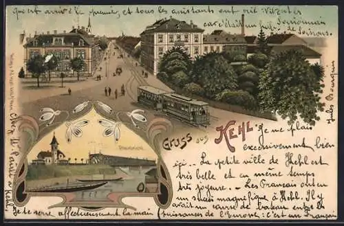 Lithographie Kehl, Strassenpartie mit Strassenbahn, Rheinbrücke