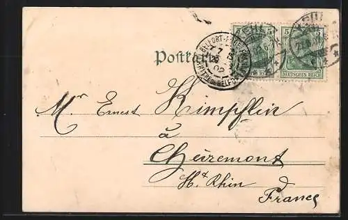 Lithographie Kehl, Strassenpartie mit Strassenbahn, Rheinbrücke