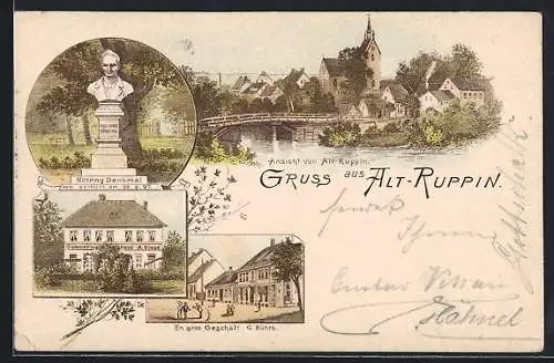 Lithographie Alt-Ruppin, Geschäft von G. Bührs, Pension A. Giese und Möhring-Denkmal