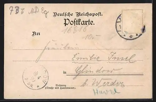 Lithographie Alt-Ruppin, Geschäft von G. Bührs, Pension A. Giese und Möhring-Denkmal