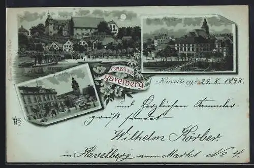 Mondschein-Lithographie Havelberg, Marktplatz, Dom und Blick vom Dom