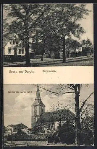 AK Dyrotz, Kirche mit Umgebung, Ortspartie