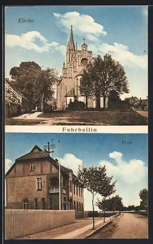 AK Fehrbellin, Strassenpartie an der Post, Blick zur Kirche