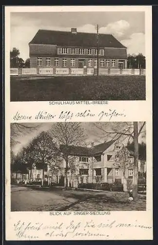 AK Wittenberge /Elbe, Das Schulhaus Mittle-Breese, Partie an der Singer-Siedlung
