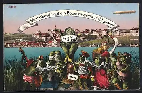 AK Meersburg /Bodensee, Frösche geben ein Konzert, Zeppelin