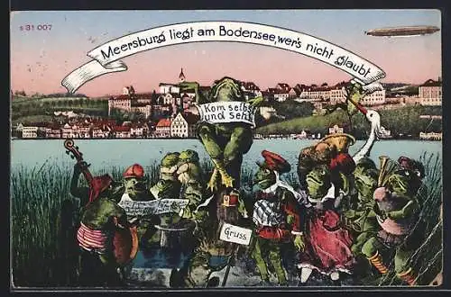 AK Meersburg, Froschkonzert am Ufer des Bodensees mit Blick hinüber zur Stadt