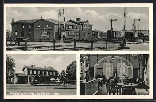 AK Pönitz / Ostsee, Weidemann`s Hotel, Bahnhof von der Gleisseite