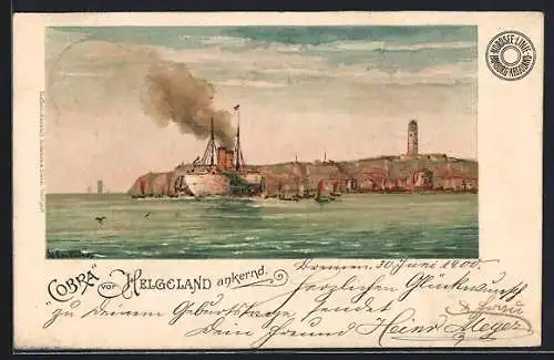Künstler-Lithographie Helgoland, Passagierschiff Cobra ankert vor der Hauptinsel