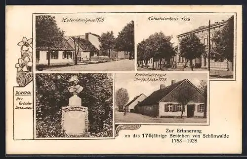 AK Schönwalde / Mark, Gasthaus Dorfschänke, Gründer-Denkmal und Kolonistenhäuser