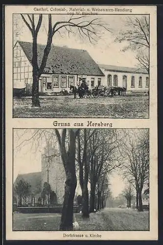 AK Herzberg / Potsdam, Gasthof und Geschäft von W. Buschow, Dorfstrasse und Kirche