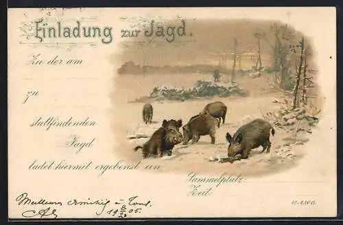 Lithographie Jagdeinladung, Wildschweine im Schnee