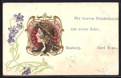 Präge-AK Junge Frau mit Kopfschmuck im Profil, Jugendstil