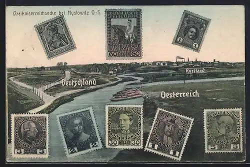 AK Myslowitz /O.-S., Die Dreikaiserreichsecke, Briefmarken der drei Reiche