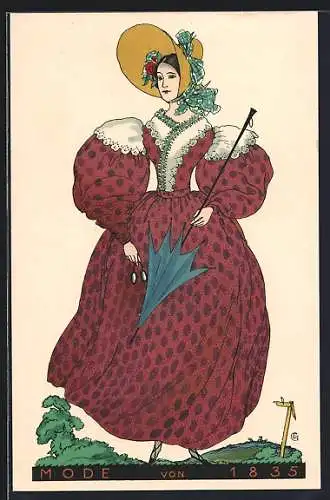 Künstler-AK sign. Erich Gruner: Dame in gepunktetem Kleid von 1835 mit Schirm und Brille, Jugendstil