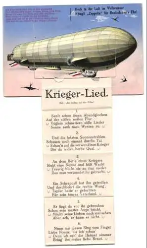 Leporello-AK Zeppelin mit Reichsfahne und Liedtext Krieger-Lied