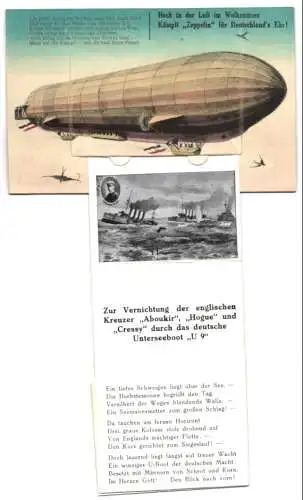 Leporello-AK Zeppelin mit Abbildung der Vernichtung der englischen Kreuzer Aboukir, Hogue und Cressy durch das U-Boot U9