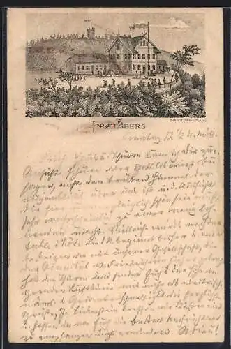 Vorläufer-Lithographie Ganzsache PP4F10 /02: Inselsberg, 1879, Hotel in Gipfelnähe mit Aussichtsterrasse