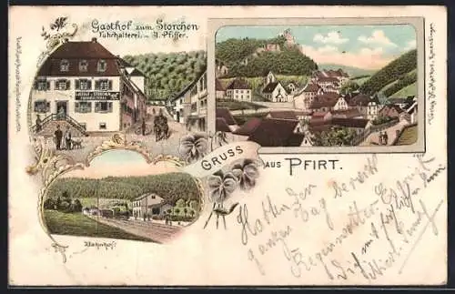 Lithographie Pfirt, Gasthof zum Storchen von J. Pfiffer, Bahnhof