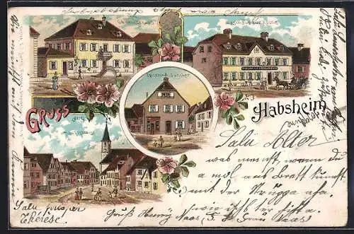 Lithographie Habsheim, Gasthaus zur Krone, Epicerie A. Juncker, Gemeindehaus, Hauptstrasse