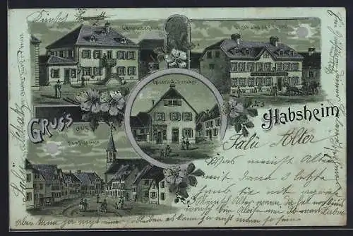 Mondschein-Lithographie Habsheim, Gasthaus zur Krone, Epicerie A. Juncker, Gemeindehaus, Hauptstrasse