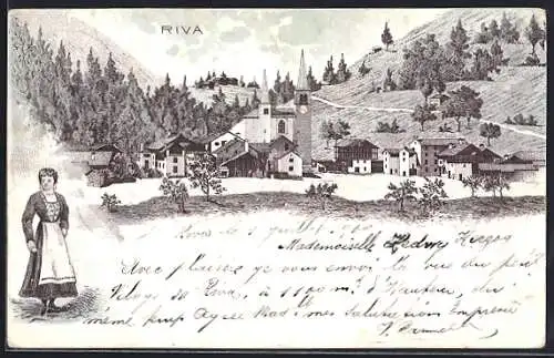 Lithographie Riva, Ortsansicht am Bergfuss