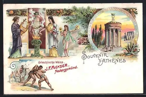 Lithographie Athènes, Antiker Tempel, religiöse Szene, griechische Ringer