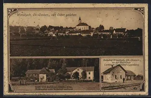 AK Wimsbach /Ob.-Oesterr., Gasthaus und Badehaus Neidharting, Bahnhof, Totalansicht