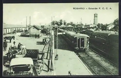 AK Rosario, Estacion FCCA, Eisenbahnzüge halten im Bahnhof, Pferdekutsche