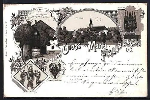 Lithographie Maria-Fallsbach /O.Ö., Baumgartner`s Gasthaus am Kirchenbrunnen, Hnaden-Altar, Gnadenbild