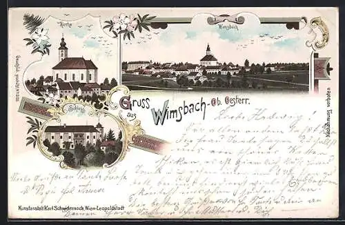 Lithographie Wimsbach /Ob.-Oesterr., Schloss, Kirche, Totalansicht