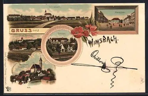 Lithographie Wimsbach, Schloss, Veste Albmegg und Marktplatz