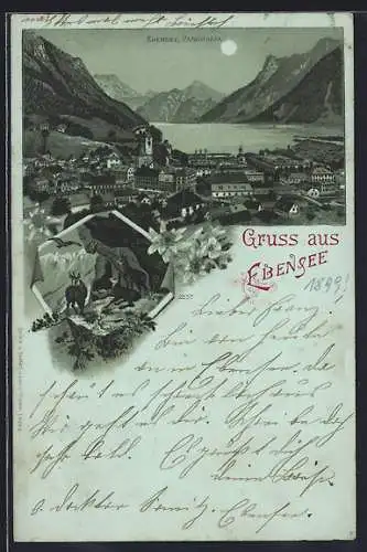 Mondschein-Lithographie Ebensee, Panorama und Gämsen im Gebirge