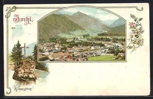 Lithographie Ischl, Kreuzstein und Totalansicht