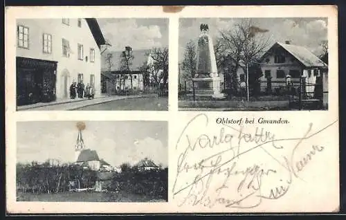 AK Ohlstorf bei Gmunden, Geschäft von Matth. Loderbäuer, Kirche und Denkmal