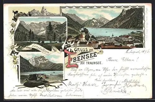 Lithographie Ebensee am Traunsee, Langbathsee, Ortsansicht mit See und Bergen