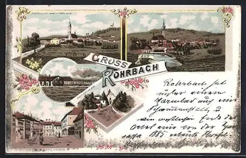 Lithographie Rohrbach, Bahnhof, Maria Trost am Berg, Strassenpartie und Totalansicht