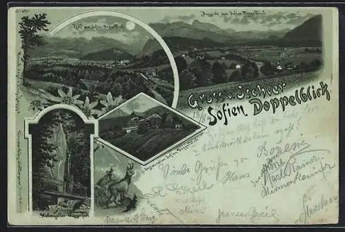 Mondschein-Lithographie Bad Ischl, Restaurant Sofien Doppelblick, Blick vom Sofien-Doppenblick, Hohenzoller Wasserfall