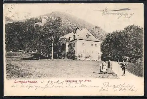 AK Langbathsee, Gasthaus zur Kreh mit Pferdekarren und Besuchern