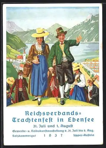 Künstler-AK Wels, Reichsverbands-Trachtenfest 1937 in Ebensee, Oberösterreicher in Tracht